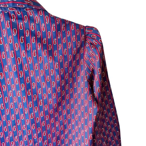 Vintage Paisley Blouse Puffy Sleeves Navy Red Silky Button Up Size Small - Picture 8 of 11